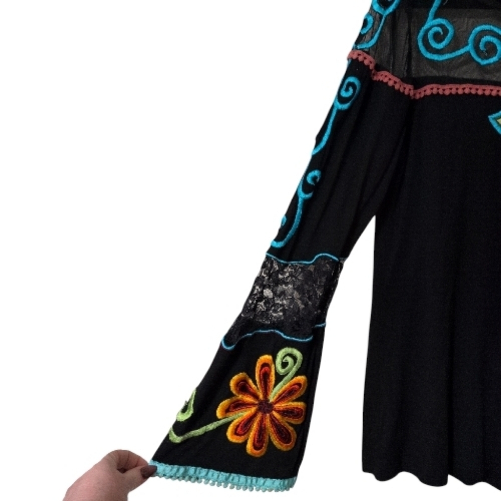 Vintage Collection Embroidered Black Top with Colorful Floral/Butterfly Accents - Picture 4 of 7